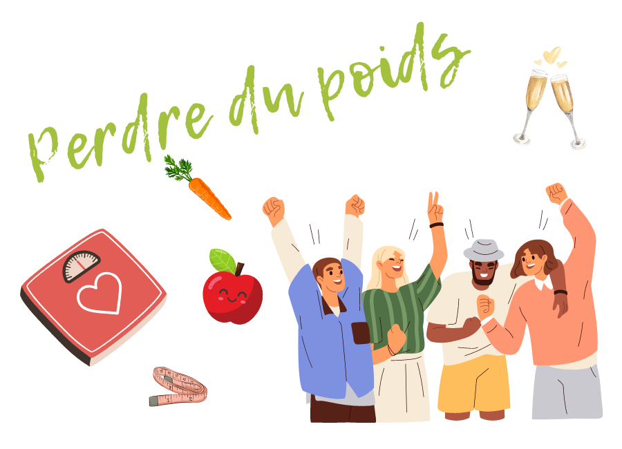 illustration Perdre du poids écrit en vert, groupe de personnes qui lèvent les mains au ciel entourée d'une pomme, une carotte, un mètre ruban, de deux flutes de champagne, d'une carotte et d'une balance