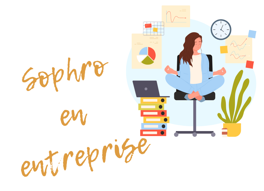 Illustration Sophrologie en entreprise - Une dame en position en tailleur sur le bureau entouré d'une pendule, d'un graphique, d'une tasse de café, d'un petit cactus et d'une grosse pièce jaune avec le logo dollar